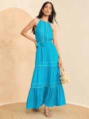 Love & Roses Blue Ric Rac Halterneck Midi Dress - Image 1 of 4