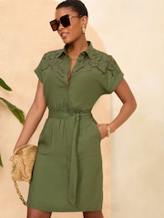 Love & Roses Khaki Green 3/4 Sleeve Cutwork Mini Shirt Dress - Image 1 of 4