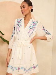 Love & Roses Ivory White Embroidered 3/4 Sleeve Cotton Belted Mini Dress - Image 1 of 1