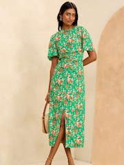 Verde cu flori - Rochie midi încrețită cu mânecă evazată Love & Roses - Image 1 of 4