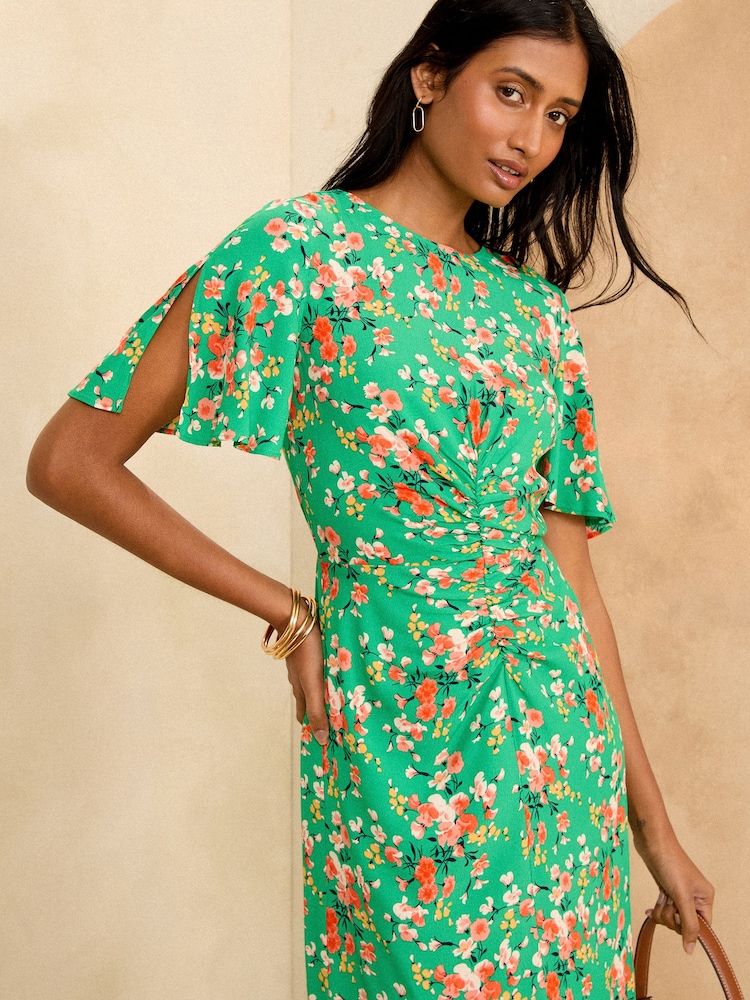 Verde cu flori - Rochie midi încrețită cu mânecă evazată Love & Roses - Image 2 of 4