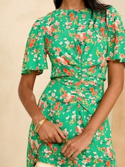 Verde cu flori - Rochie midi încrețită cu mânecă evazată Love & Roses - Image 4 of 4