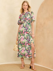 Love & Roses Green Floral Flutter Sleeve Twist Detail Midi Dress - Image 1 of 4