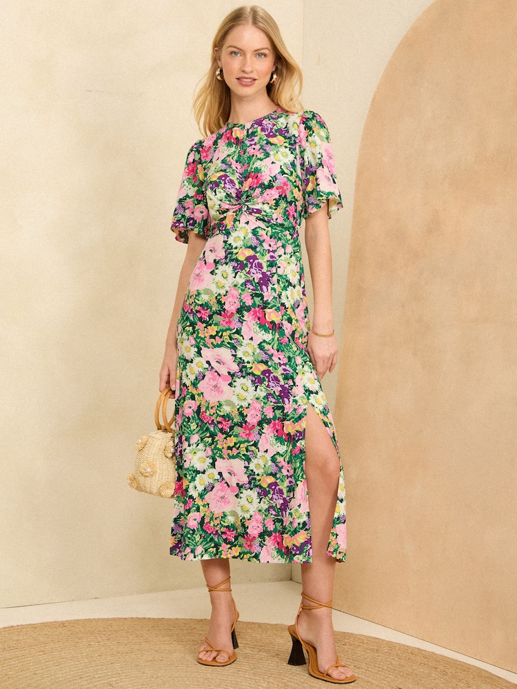 Love & Roses Green Floral Flutter Sleeve Twist Detail Midi Dress - Image 1 of 4
