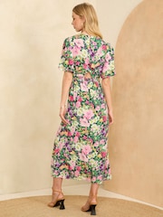 Love & Roses Green Floral Flutter Sleeve Twist Detail Midi Dress - Image 2 of 4