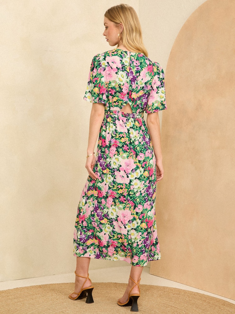 Love & Roses Green Floral Flutter Sleeve Twist Detail Midi Dress - Image 2 of 4