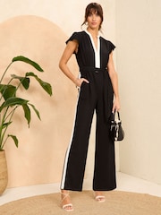 Love & Roses Black White Petite Colourblock Flutter Sleeve Jumpsuit - Image 1 of 4