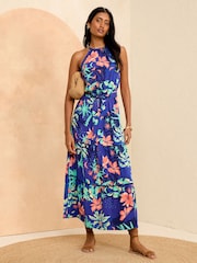 Love & Roses Blue Tropical Trim Detail Halterneck Midi Dress - Image 1 of 4