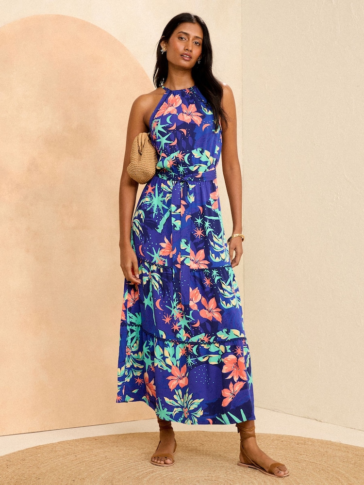 Love & Roses Blue Tropical Trim Detail Halterneck Midi Dress - Image 1 of 4