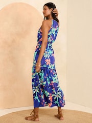 Love & Roses Blue Tropical Trim Detail Halterneck Midi Dress - Image 3 of 4