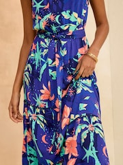 Love & Roses Blue Tropical Trim Detail Halterneck Midi Dress - Image 4 of 4