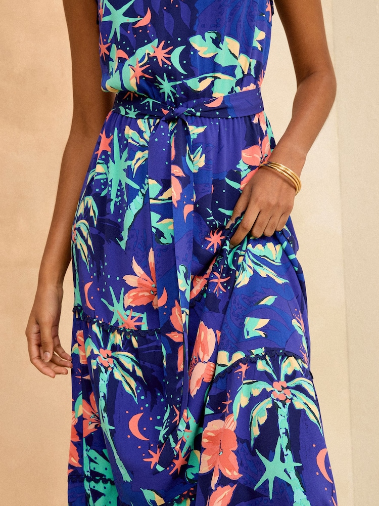 Love & Roses Blue Tropical Trim Detail Halterneck Midi Dress - Image 4 of 4