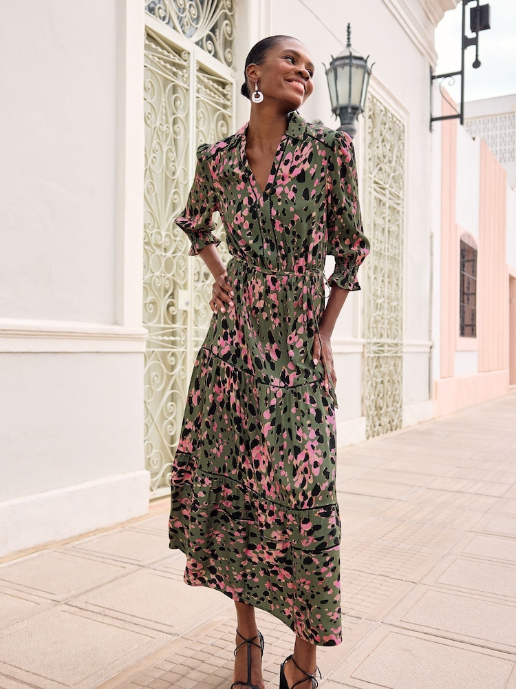 Love & Roses Khaki Green Animal Printed Shirred Cuff Button Through Shirt Dress - Image 1 of 4