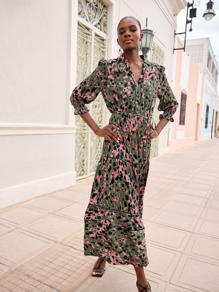 Love & Roses Khaki Green Animal Printed Shirred Cuff Button Through Shirt Dress - Image 4 of 4
