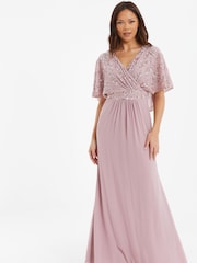 Quiz Pink Sequin Mesh Cap Sleeve Maxi Dress With Wrap Front - Image 1 of 4