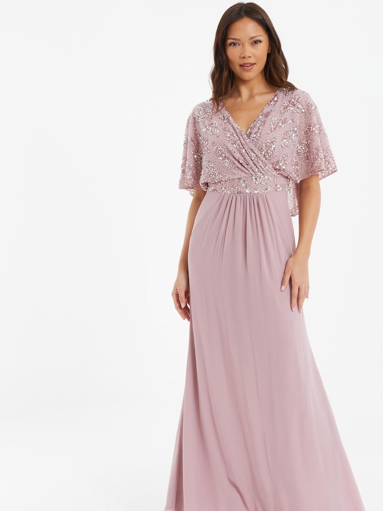 Quiz Pink Sequin Mesh Cap Sleeve Maxi Dress With Wrap Front - Image 1 of 4