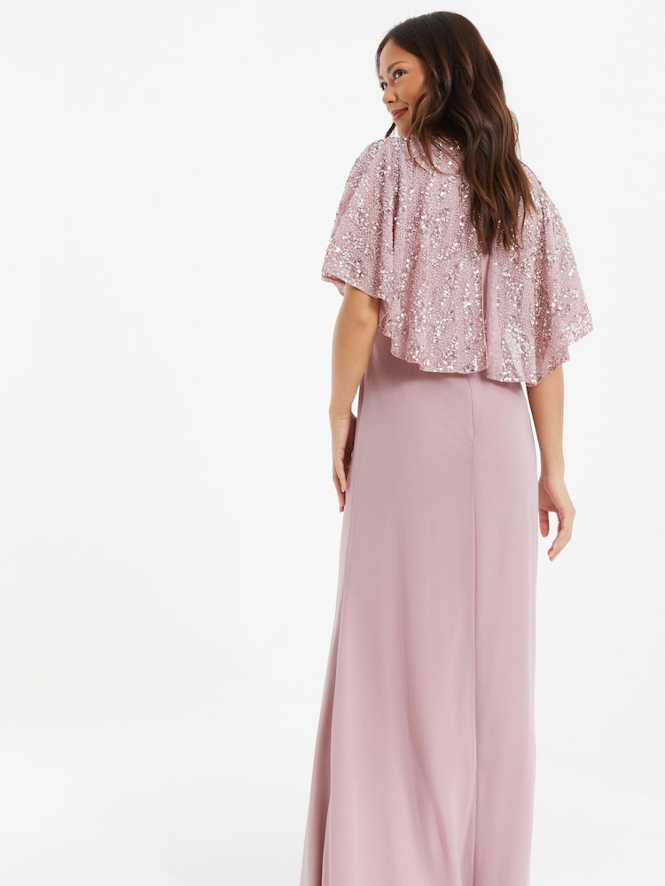 Quiz Pink Sequin Mesh Cap Sleeve Maxi Dress With Wrap Front - Image 2 of 4