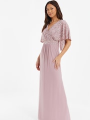 Quiz Pink Sequin Mesh Cap Sleeve Maxi Dress With Wrap Front - Image 3 of 4