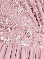 Quiz Pink Sequin Mesh Cap Sleeve Maxi Dress With Wrap Front - Image 4 of 4