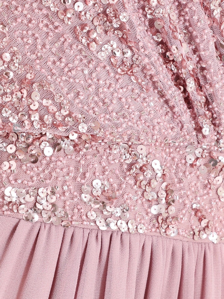 Quiz Pink Sequin Mesh Cap Sleeve Maxi Dress With Wrap Front - Image 4 of 4