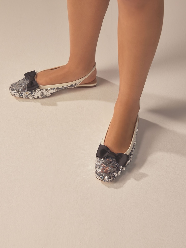 Silver Forever Comfort® Sequin Bow Slingback Shoes - Image 1 of 10