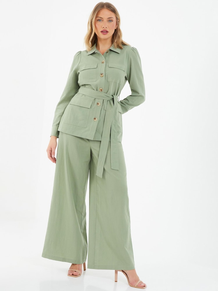 Quiz Green High Waist Wide Leg Trousers - Image 1 of 4