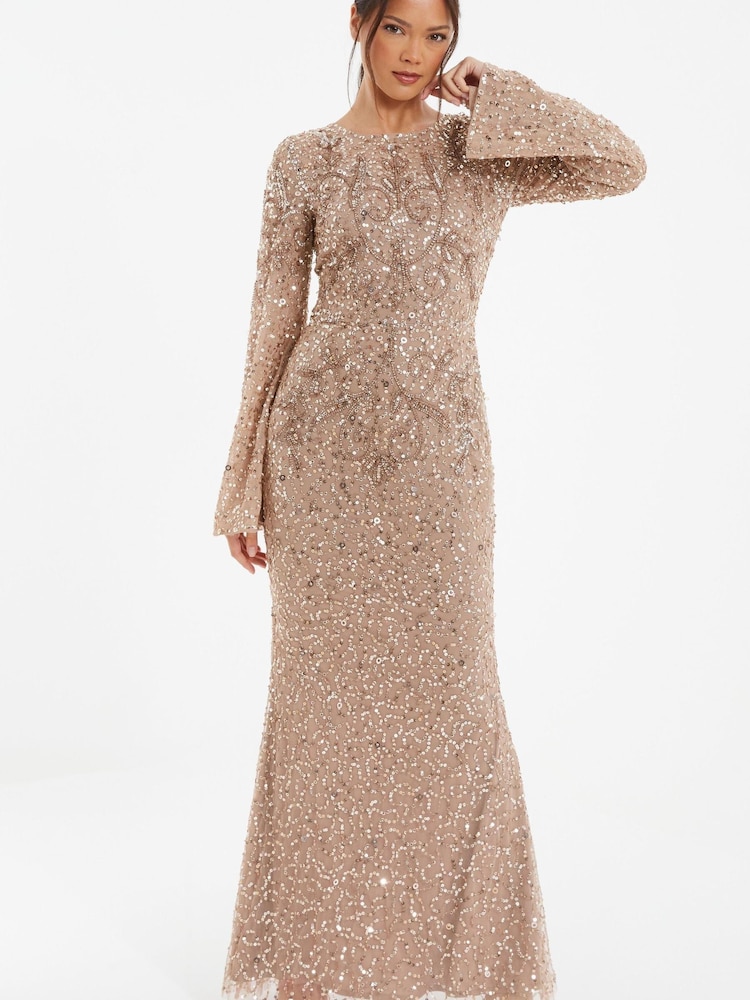 Quiz Rose Gold Sequin Mesh Long Flute Sleeve Maxi Dress - Image 1 of 4