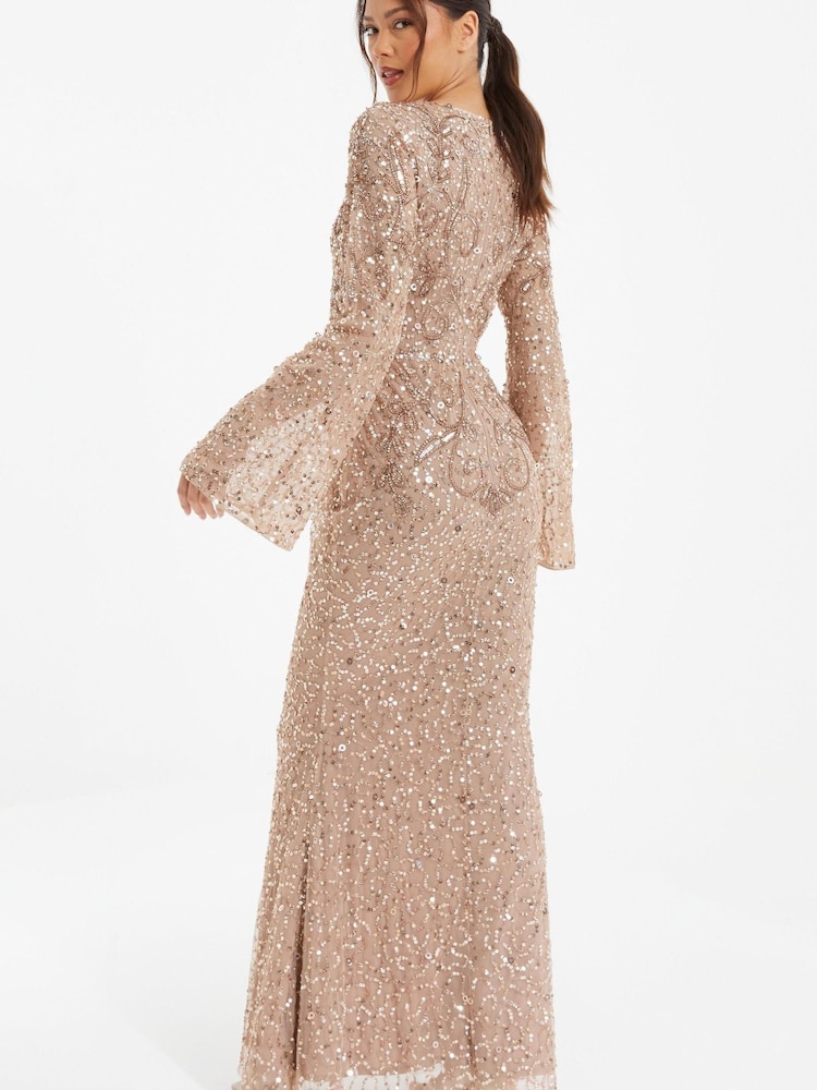 Quiz Rose Gold Sequin Mesh Long Flute Sleeve Maxi Dress - Image 2 of 4