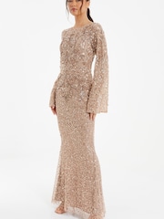 Quiz Rose Gold Sequin Mesh Long Flute Sleeve Maxi Dress - Image 3 of 4