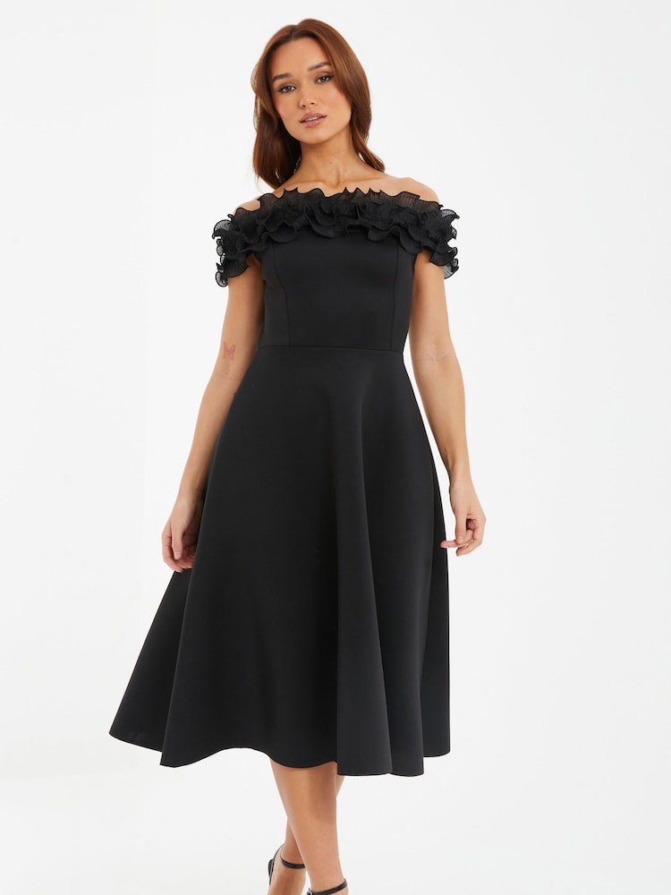 Quiz Black Scuba Foam Bardot Midi Skater Dress With Organza Trim Detail - Image 1 of 5