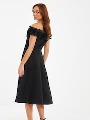 Quiz Black Scuba Foam Bardot Midi Skater Dress With Organza Trim Detail - Image 3 of 5
