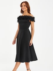Quiz Black Scuba Foam Bardot Midi Skater Dress With Organza Trim Detail - Image 4 of 5
