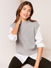 Lipsy Grey 2 in 1 Knitted Shirt Jumper - Image 1 of 4