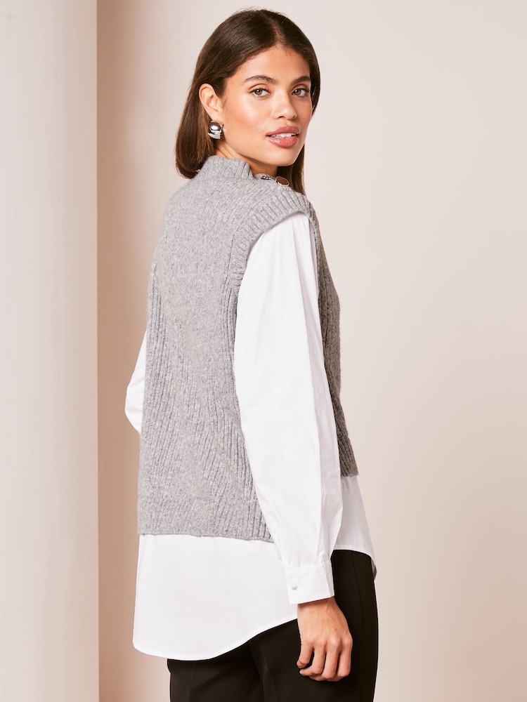 Lipsy Grey 2 in 1 Knitted Shirt Jumper - Image 2 of 4
