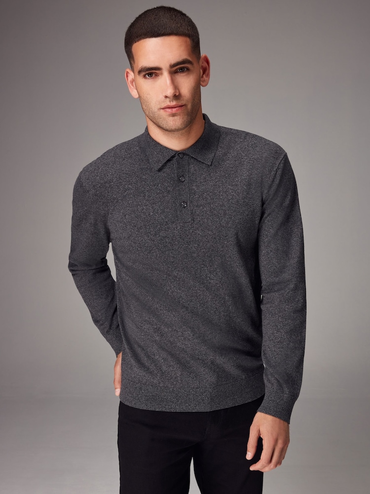 Grey Charcoal Regular Fit Knitted Long Sleeve Polo Shirt - Image 1 of 8