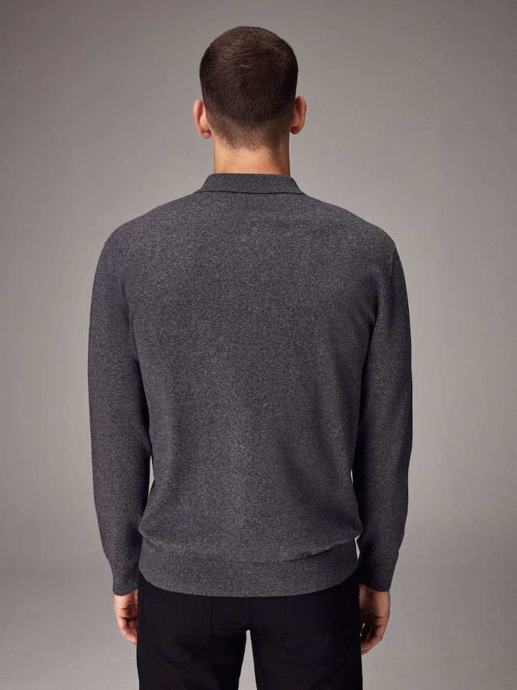 Grey Charcoal Regular Fit Knitted Long Sleeve Polo Shirt - Image 2 of 8