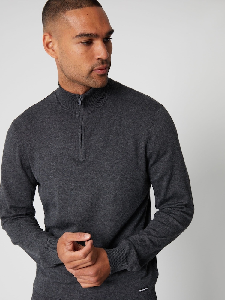 Threadbare Grey Funnel Quarter Zip Knitted Jumper - Image 1 of 5
