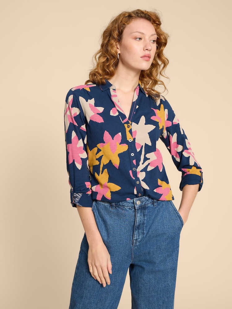 White Stuff Blue 100% Cotton Annie Jersey Shirt - Image 1 of 4