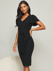 Lipsy Black V Neck Flutter Sleeve Midi Dress - Image 1 of 4