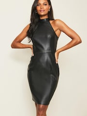 Lipsy Black Faux Leather Whipstitch Halter Mini Dress - Image 1 of 4