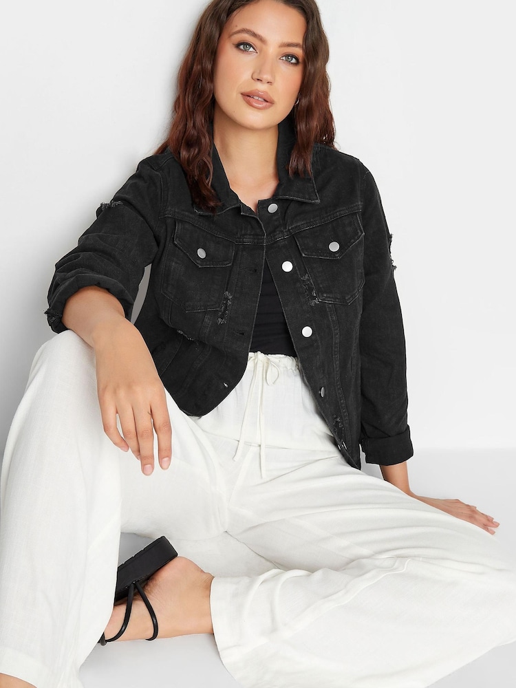 Schwarz - Long Tall Sally Denim-Jacke in Distressed-Optik - Bild 1 von 4