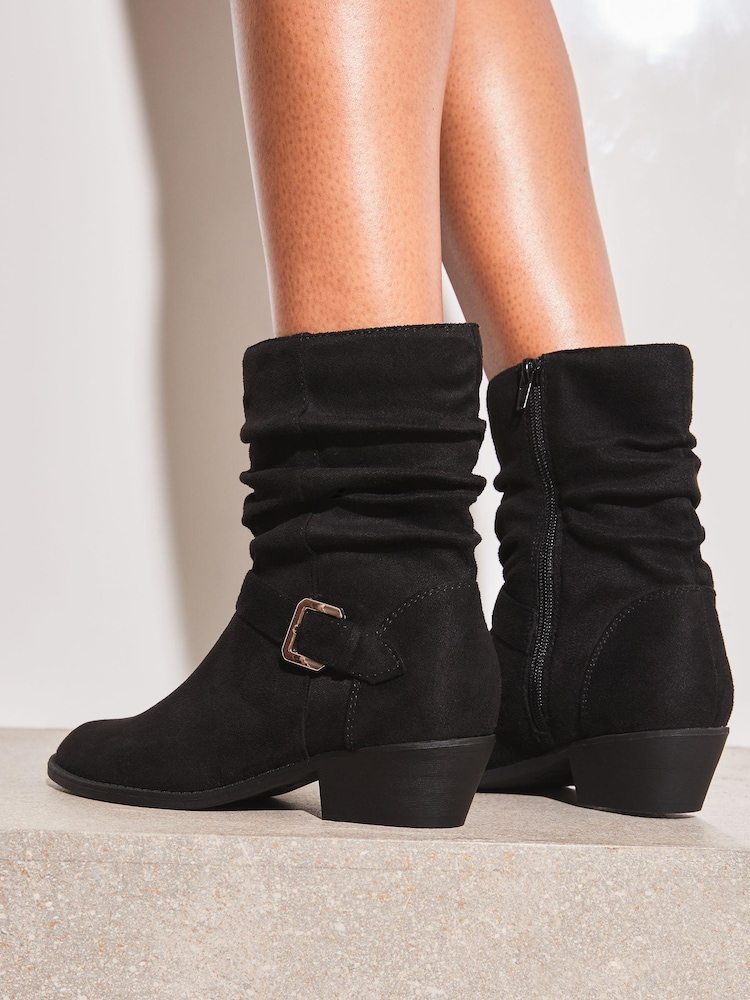 Lipsy Black Extra Wide Fit Suedette Flat Ruched Buckle Boot - Image 4 of 4 Lipsy Black Extra Wide Fit Suedette Flat Ruched Buckle Boot - Image 4 of 4