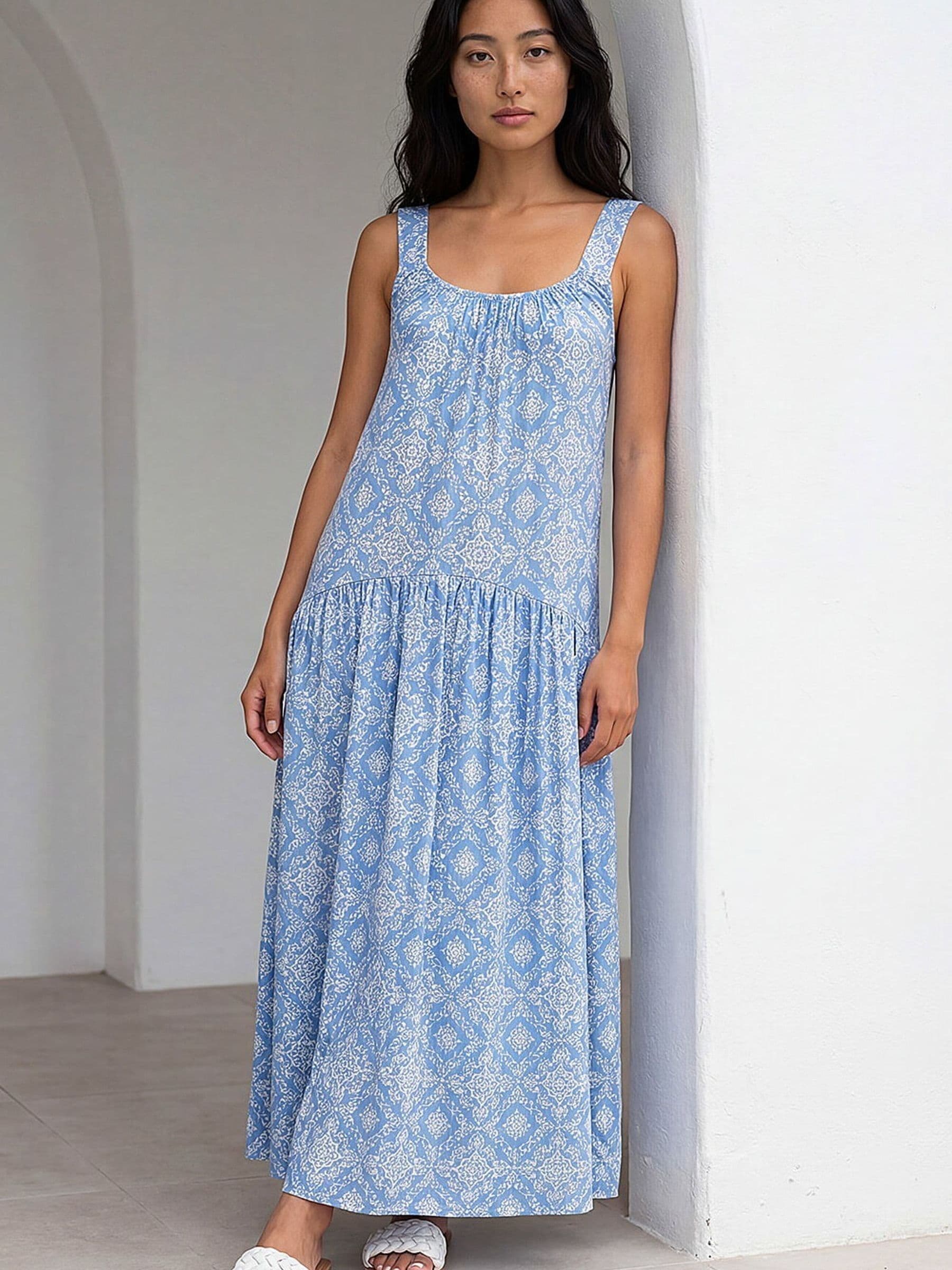 Roman Petite Women's Blue Tile Print Gathered Dress Size 16 - Image 4