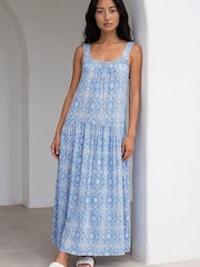 Roman Blue Petite Tile Print Gathered Dress - Image 1 of 4