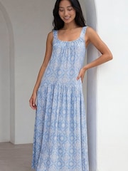 Roman Blue Petite Tile Print Gathered Dress - Image 2 of 4