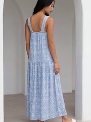 Roman Blue Petite Tile Print Gathered Dress - Image 3 of 4
