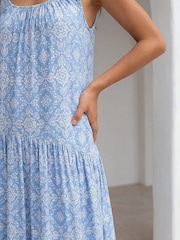 Roman Blue Petite Tile Print Gathered Dress - Image 4 of 4