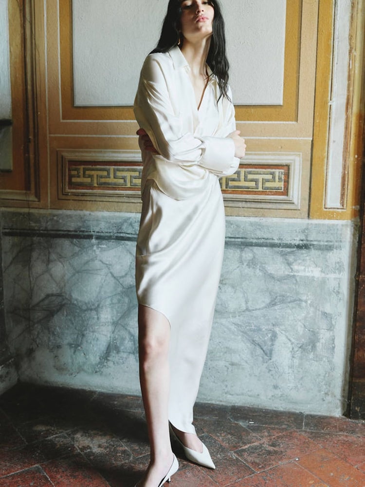 Mango White Asymmetric Long Sleeve Drape Style Dress - Image 1 of 7