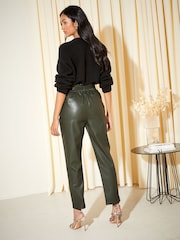 Friends Like These Khaki Green Faux Leather Paperbag Belted Trousers - Image 4 of 4