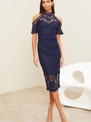 Lipsy Navy Premium Lace High Neck Cold Shoulder Midi Dress - Image 1 of 4